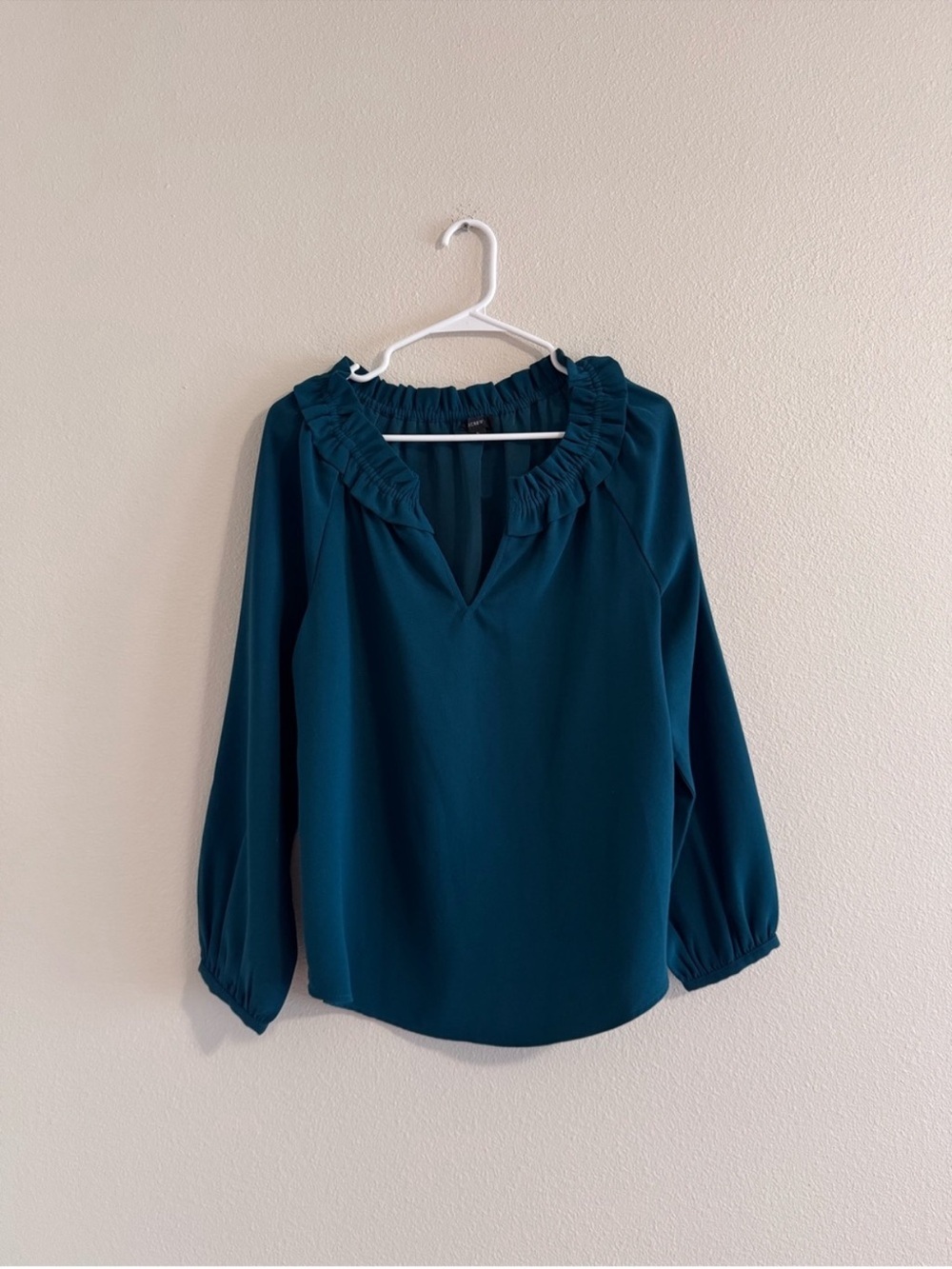 J. Crew Green Ruffle-Neck Long Sleeve Blouse
